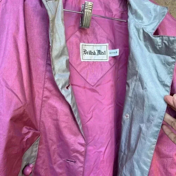 Pink rain coat parka metallic long coat British Mist Petite 8 - Picture 4 of 5